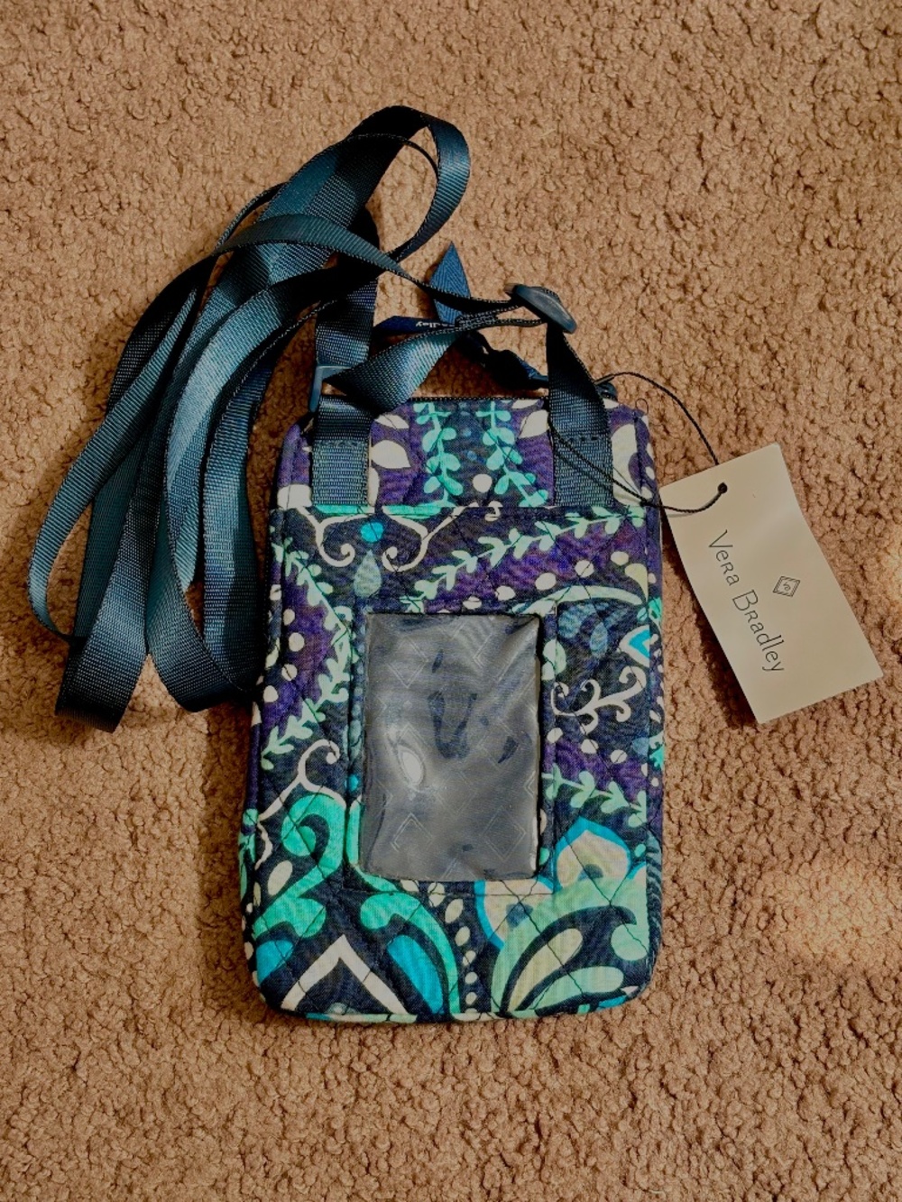 Vera Bradley RFID Mini Crossbody ID Card Blue Island Medallion Quilted Boho NWT
